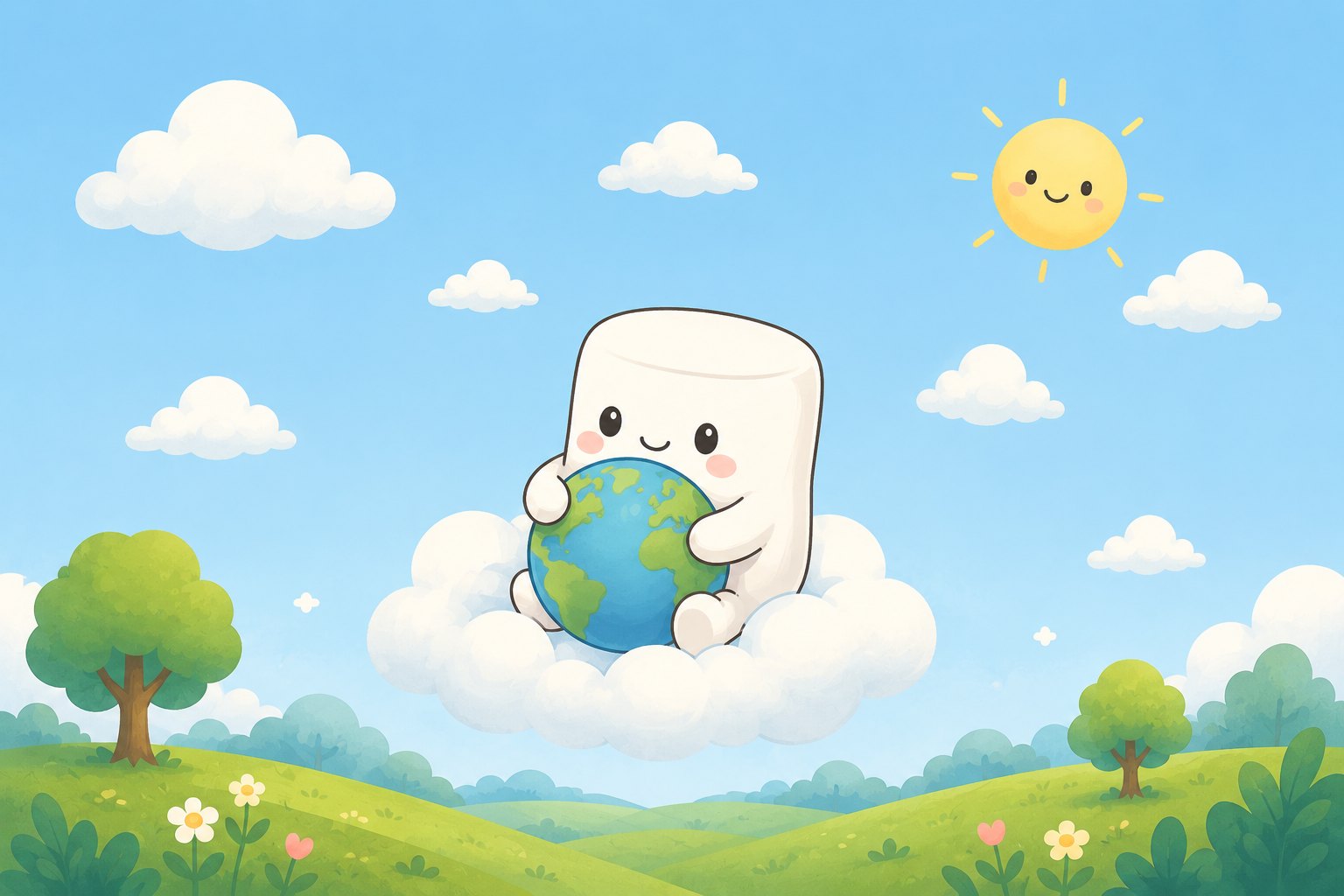 A Heartmallow character sitting on a cloud, hugging the Earth on a sunny day.